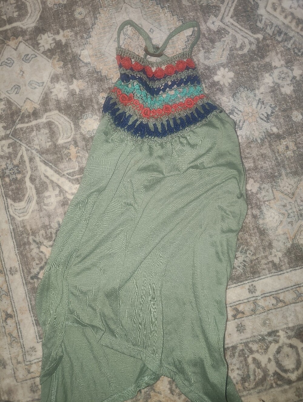 Green Tank with Colorful Crochet Bodice